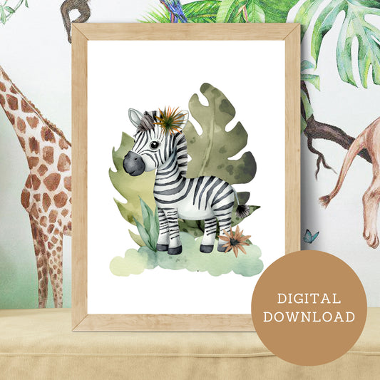 Safari Zebra Watercolor Nursery Print