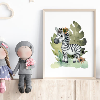 Safari Zebra Watercolor Nursery Print