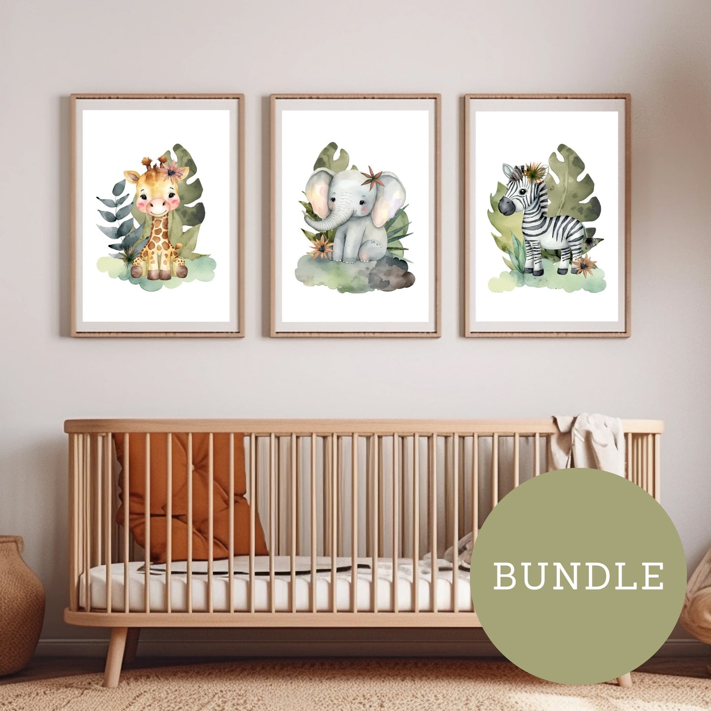 Safari Animals Watercolor Print Bundle, 3 Prints