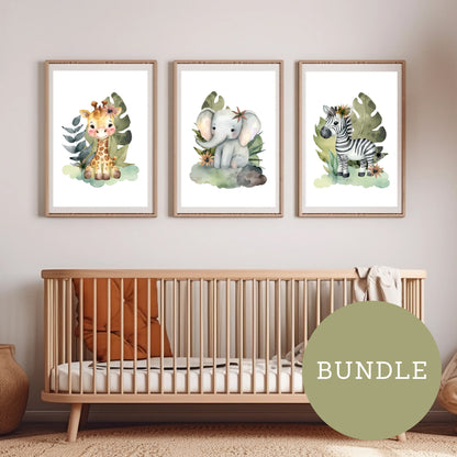 Safari Animals Watercolor Print Bundle, 3 Prints