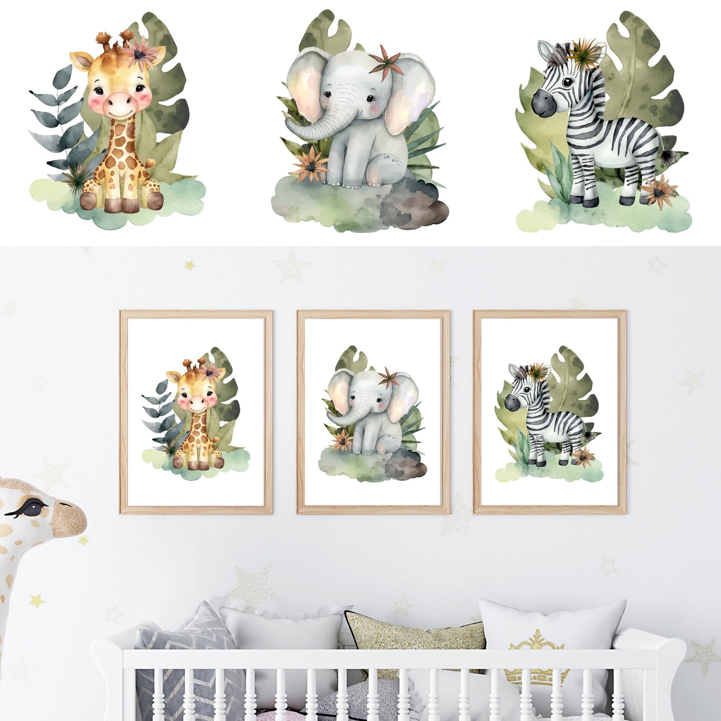Safari Animals Watercolor Print Bundle, 3 Prints
