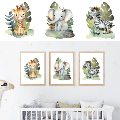 Safari Animals Watercolor Print Bundle, 3 Prints