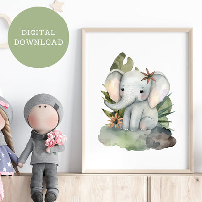 Safari Elephant Watercolor Nursery Print
