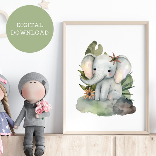 Safari Elephant Watercolor Nursery Print